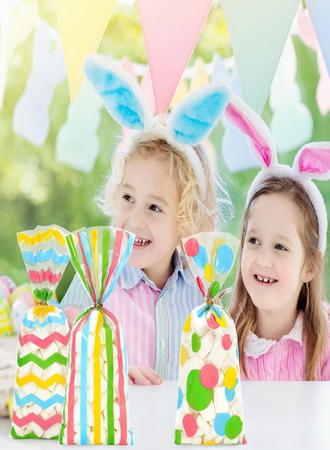 Whaline 100Pcs Easter Cellophane Treat Bags Colorful Stripe Wave Dot Plastic Candy Bags Cello Goodie Bags with Twist Ties for Spring Party Favors Supplies - Image 5